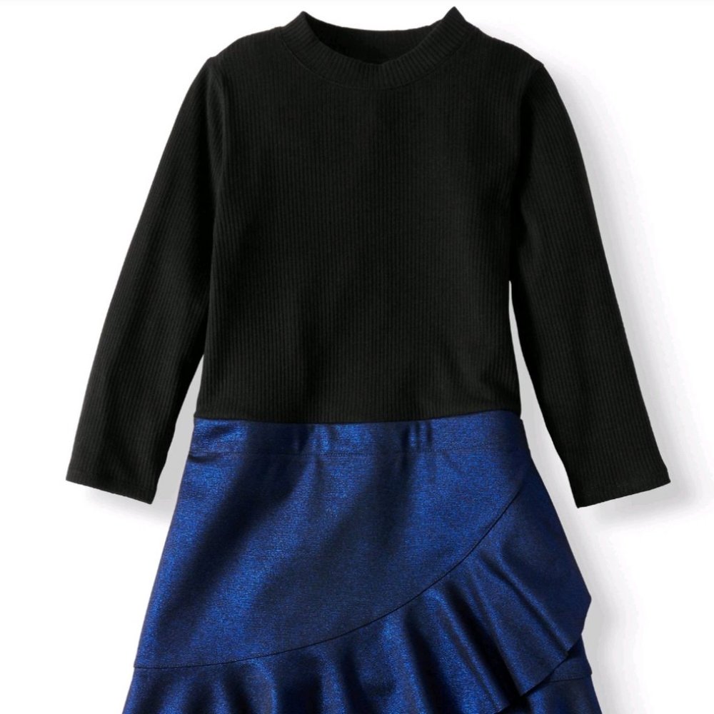 WONDER NATION Girl's Knit & Metallic Scuba Combo Dress - black soot/blue (4-5)